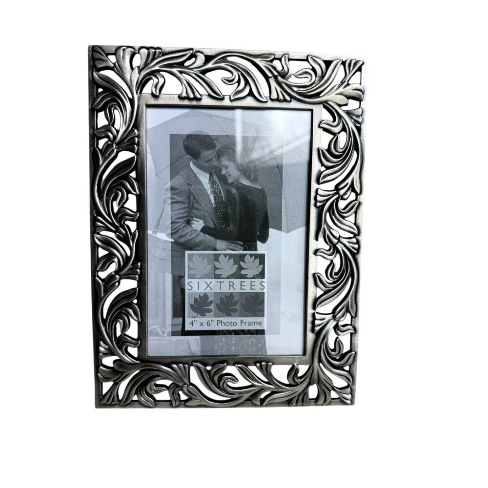 Sixtrees Pewter look metal photo frame Open work Filigree 4x6 in.